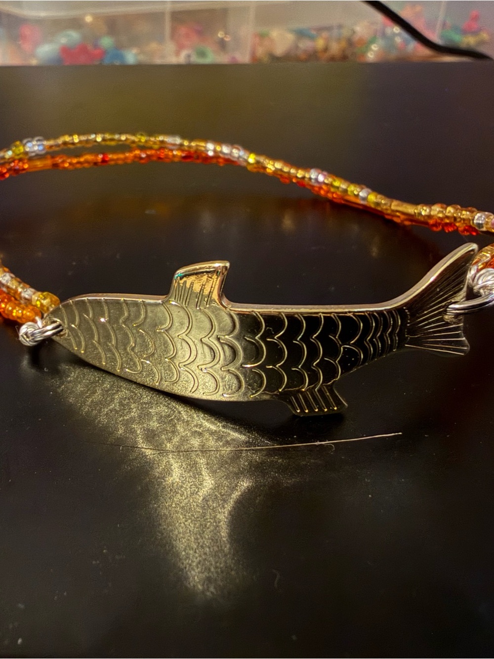Silver Fish Pendant Beaded bracelet- Orange Beads